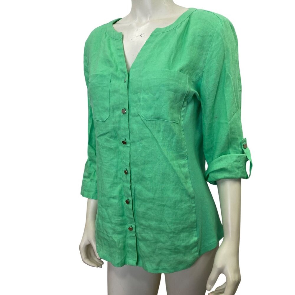 JM‎ Collection Green Button-Down Blouse Size 10 With Roll-Tab Sleeves SZ 10